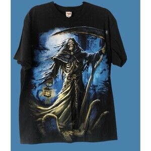 Vintage Y2K Goth Grunge Grim Reaper Graveyard Skeleton Horror Graphic Small NEW